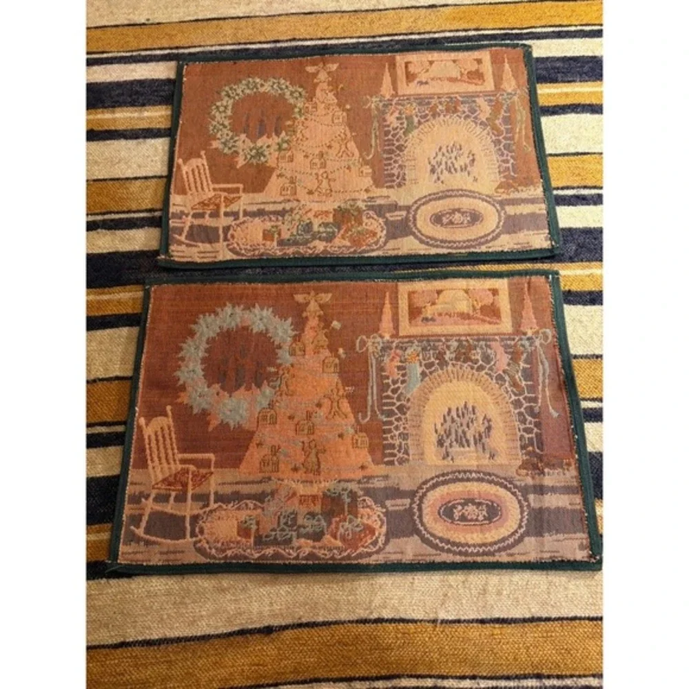 Vintage Style Christmas Tapestry Placemats Set of 2 Holiday Fireplace Tree Green